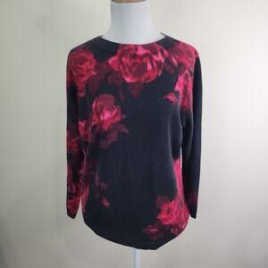 Talbots Sweater Womens Large Pure Cashmere Black Red Rose Whimsygoth Floral
